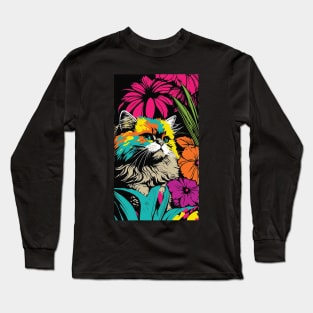 Persian Cat Vibrant Tropical Flower Tall Retro Vintage Digital Pop Art Portrait Long Sleeve T-Shirt